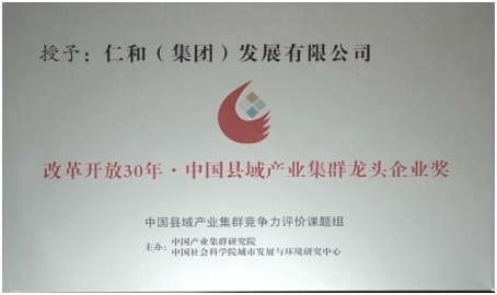 仁和集團榮獲“改革開放30年?中國縣域產業(yè)集群龍頭企業(yè)獎”
